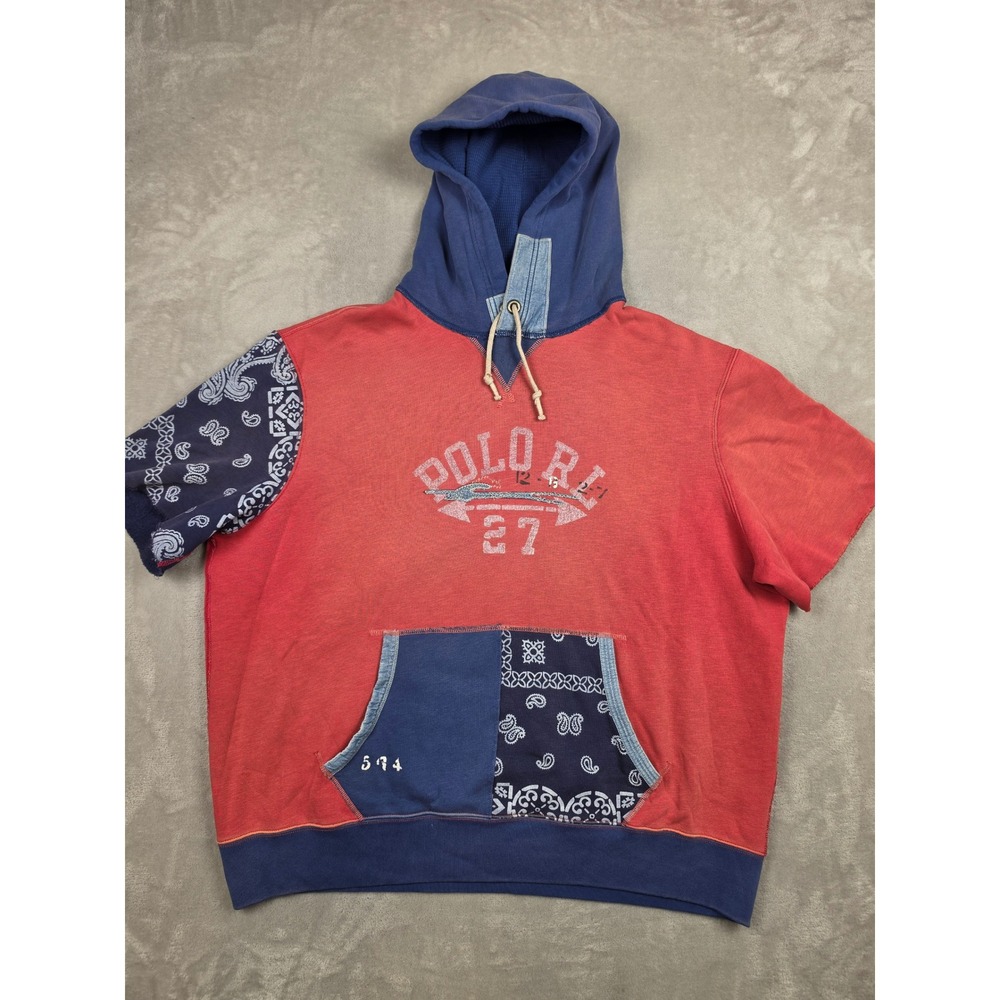 Polo Ralph Lauren Short Sleeve Hoodie Men XL Red Patchwork Bandana Graphic *Read